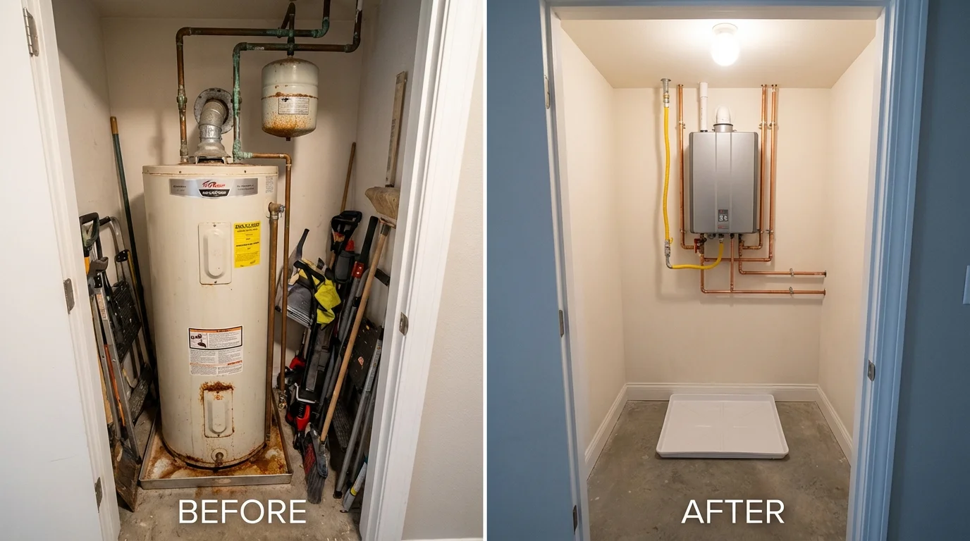 Tank water heater versus wall-mounted tankless unit comparison for Camden, ME homeowners