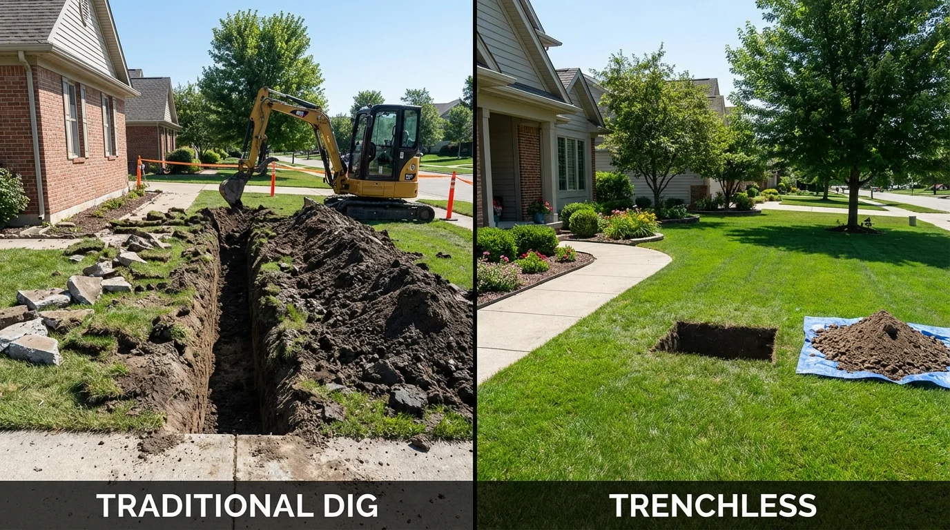 Trenchless sewer repair with minimal yard damage versus traditional excavation in Camden, ME