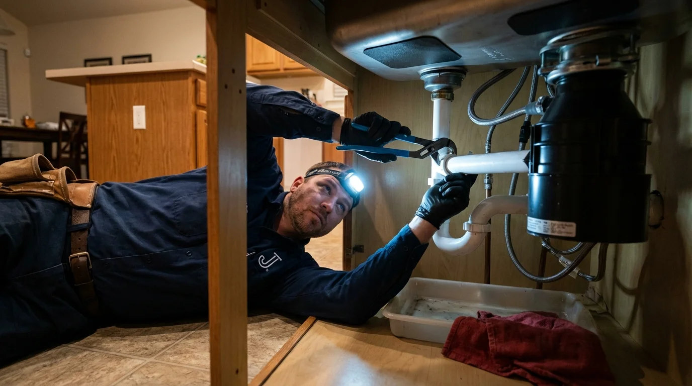 P-trap and supply line connections under a kitchen sink showing a common leak point in Camden, ME